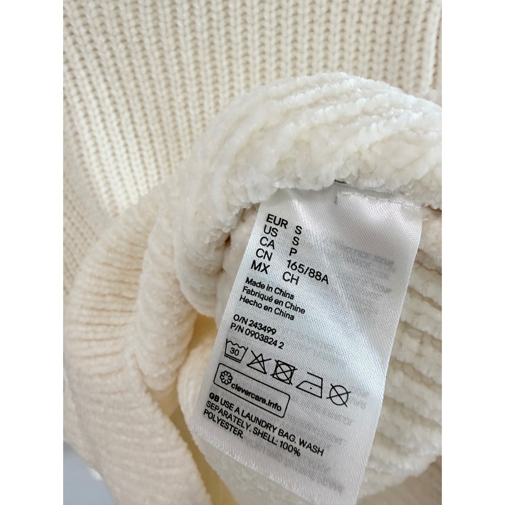 HM White Chenille Puff Sleeve Knit Sweater Ribbed Crewneck Cream S - Picture 4 of 9